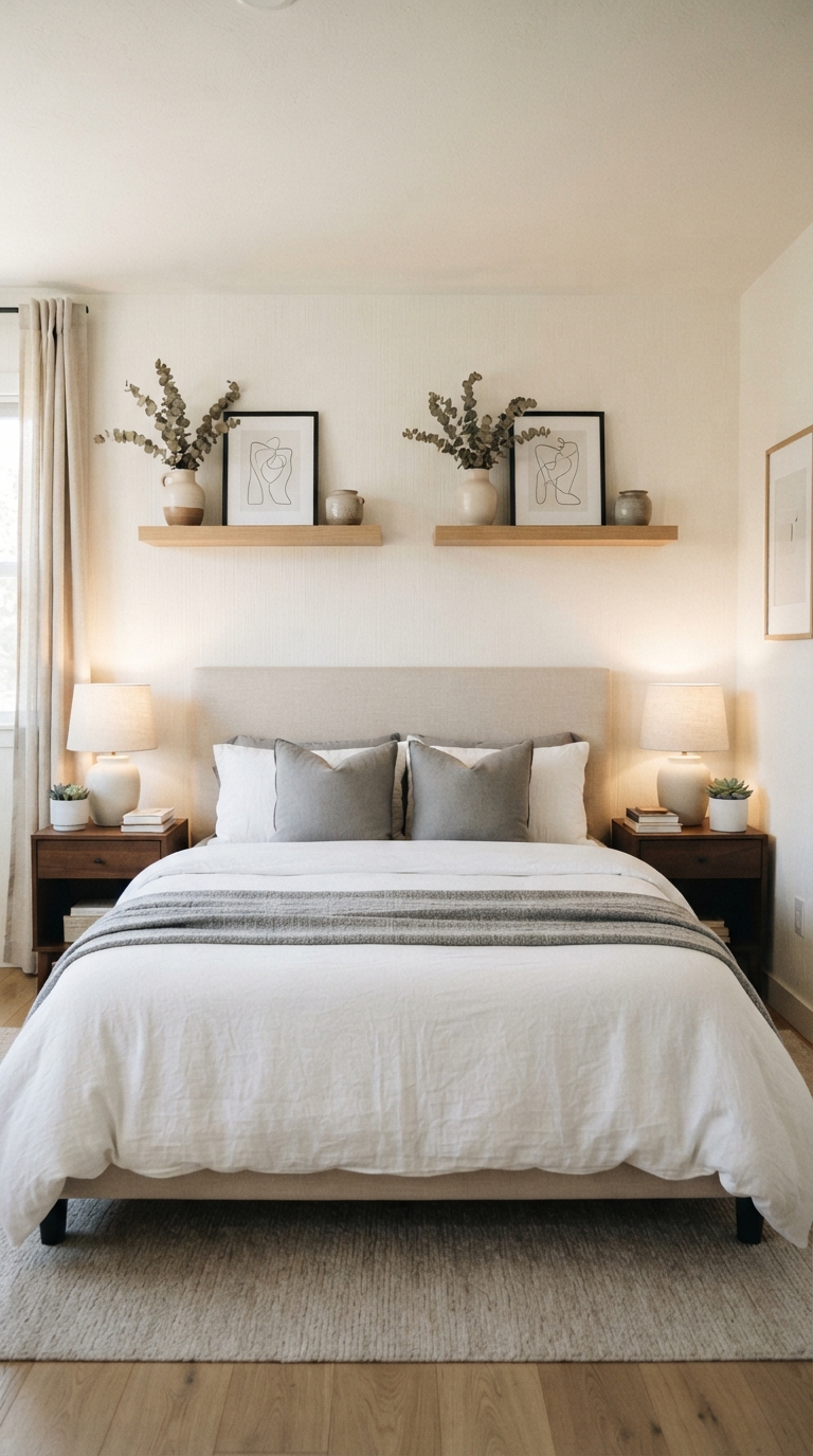 Symmetrical minimalist bedroom shelves above the bed
