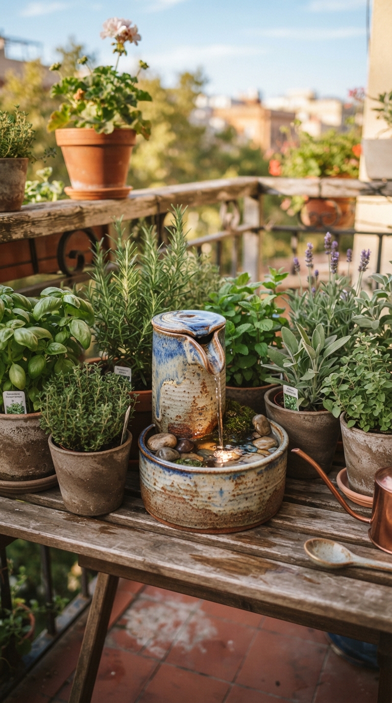 Tabletop patio fountain idea for small outdoor spaces