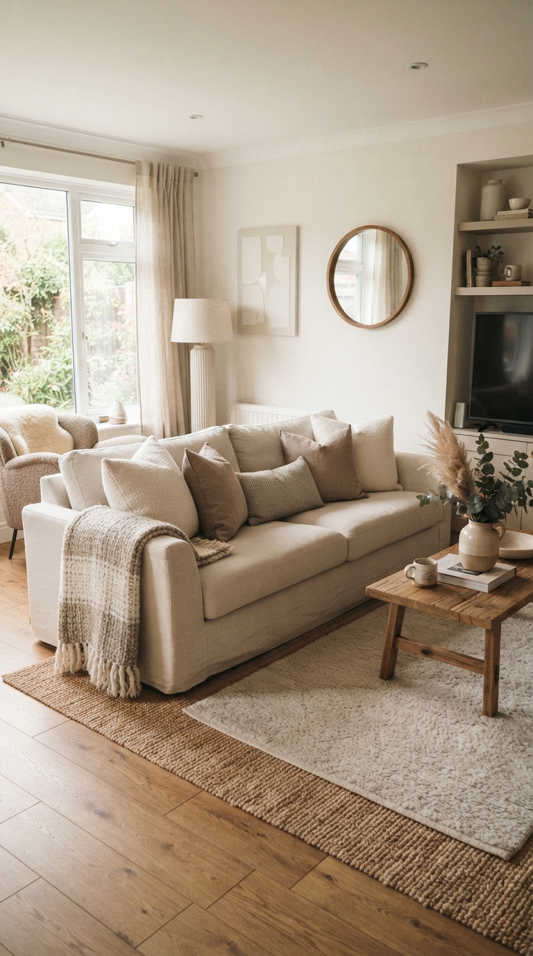 Taupe and ivory layered texture living room design