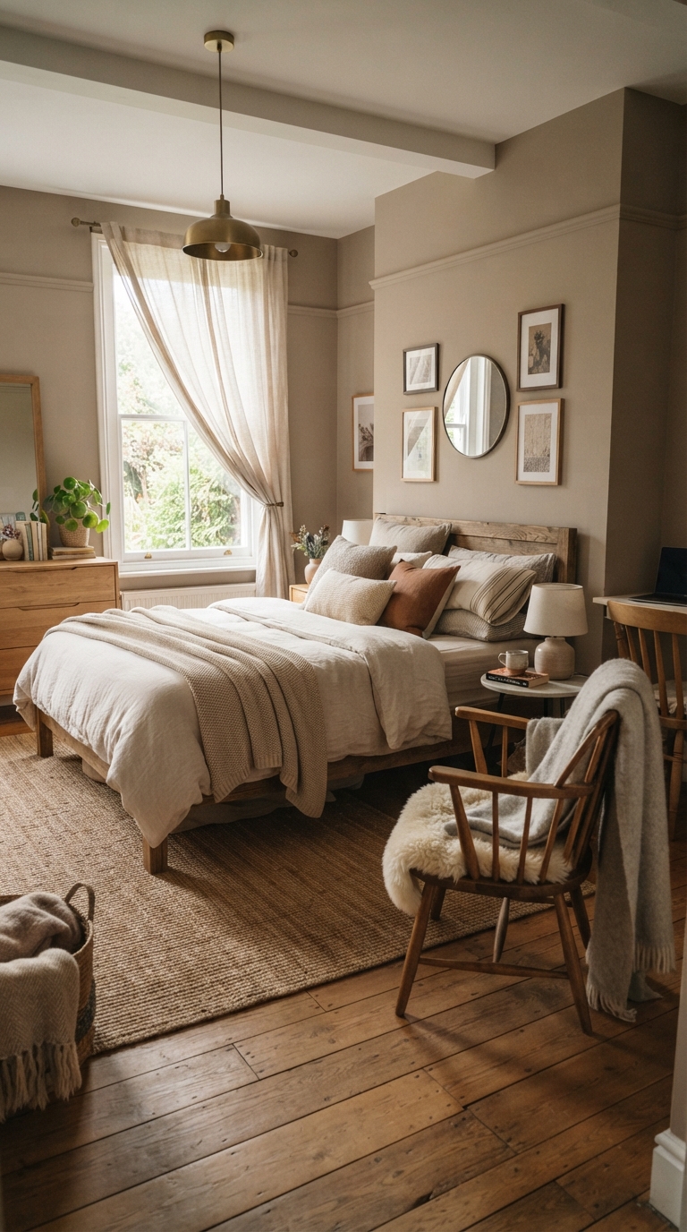 Warm taupe and linen bedroom styling for a cozy modern luxury look