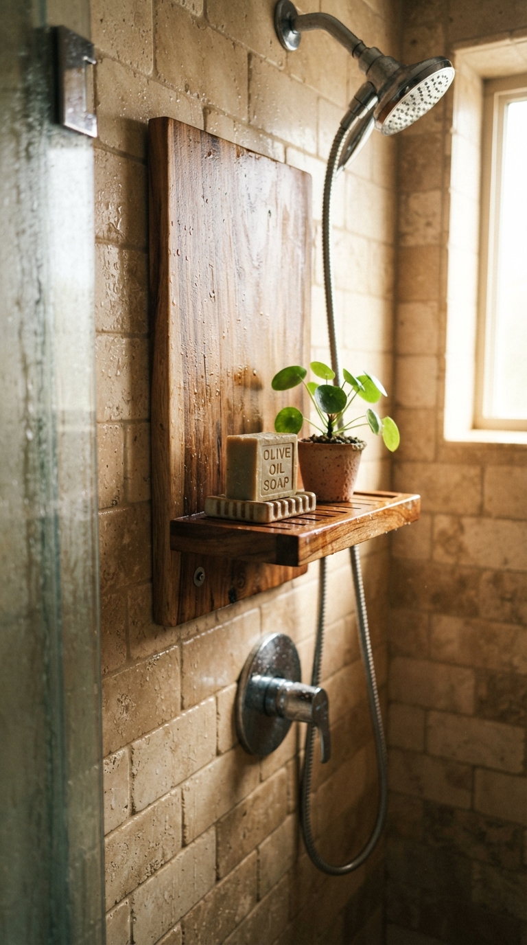 Teak shower caddy adding warmth and natural water-resistant storage