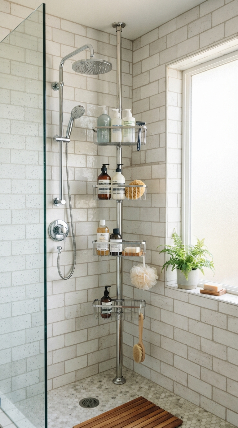 Tension pole shower caddy organizing bottles floor to ceiling