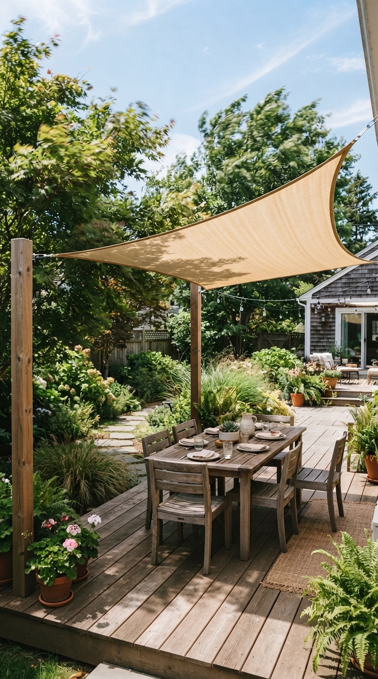 Tension-anchored mesh shade sail over a windy backyard deck