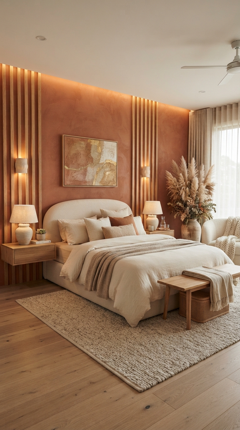 Terracotta accent wall paired with wood slats in a luxury bedroom