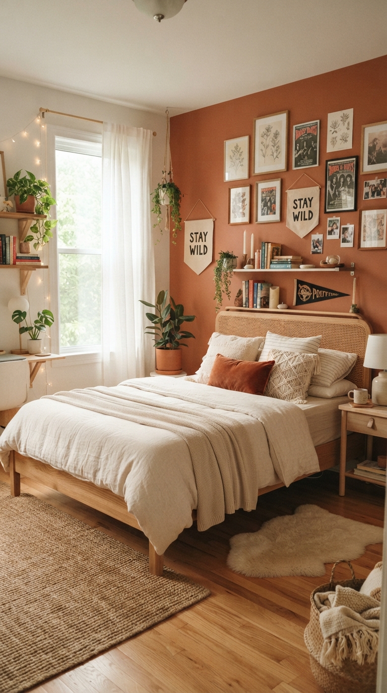 Warm terracotta accent wall in a cozy teen girl bedroom with natural wood furniture