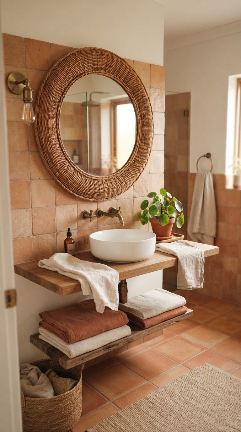 Terracotta tile boho bathroom with rattan and linen accents