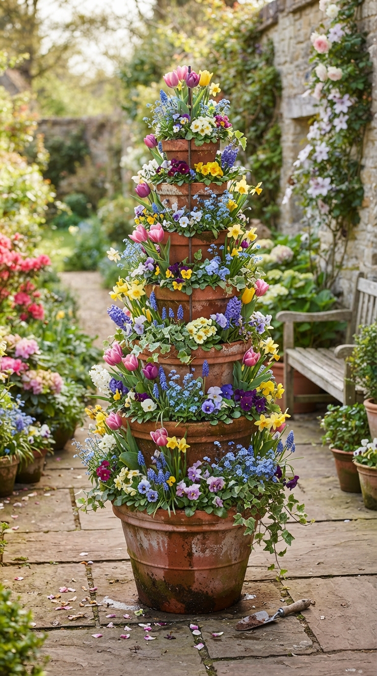 Stacked terracotta flower tower planted with spring blooms
