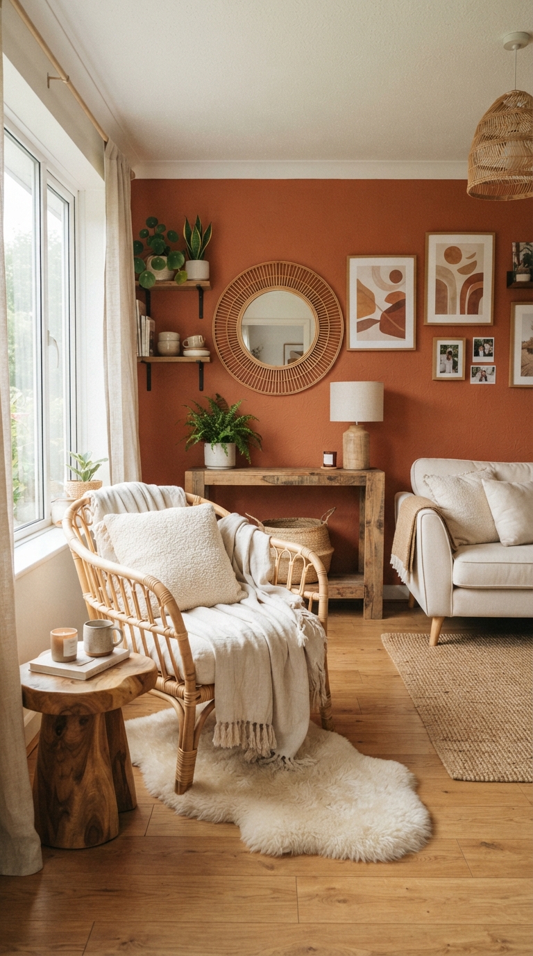 Earthy living room with terracotta walls and rattan furniture