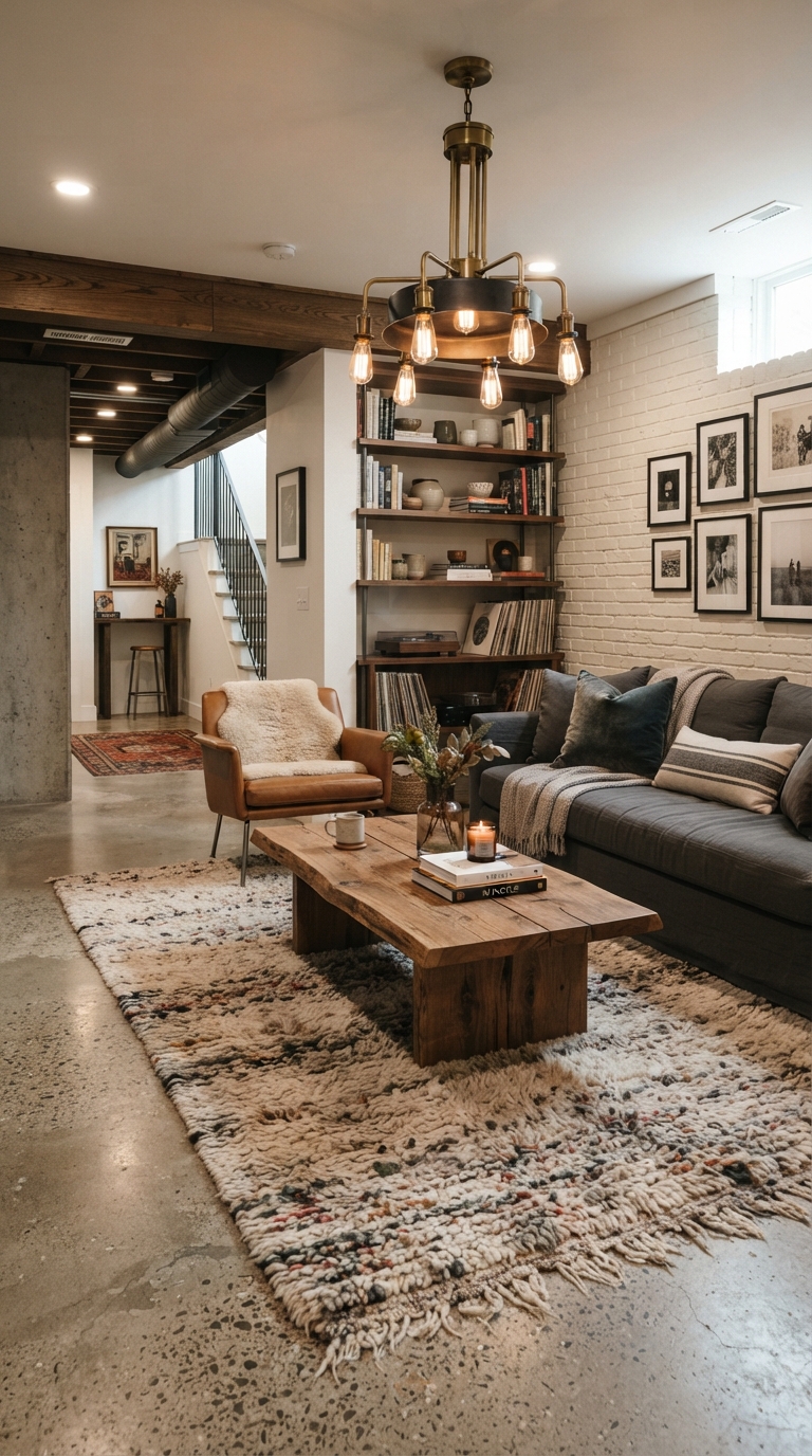 Basement room styled with mixed textures and materials