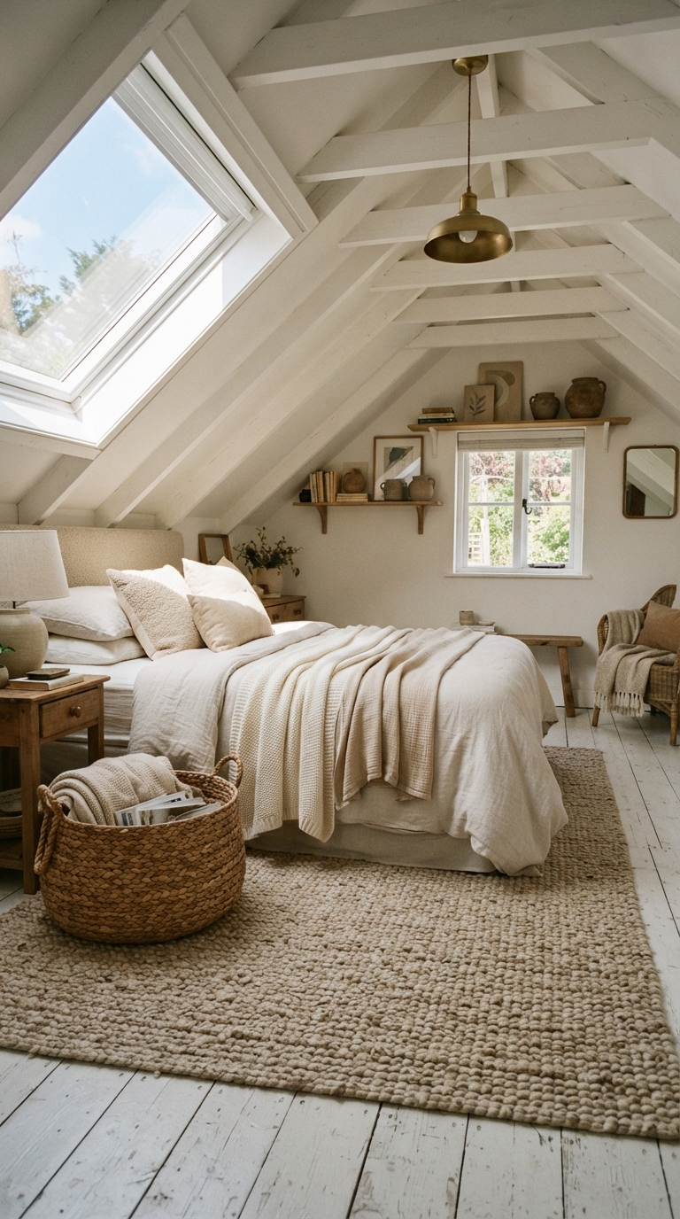 Attic bedroom with slanted ceiling styled in layered neutral textures