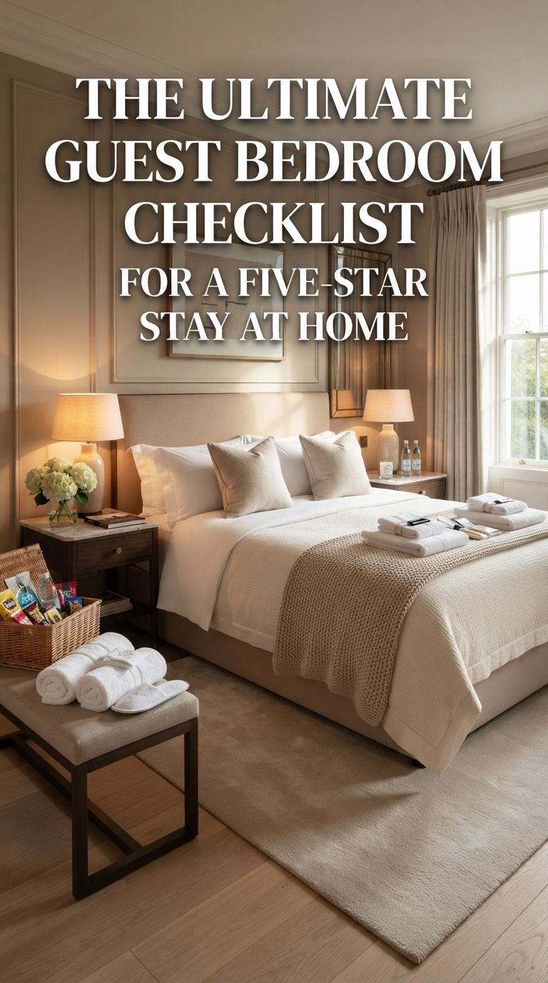 Luxury guest bedroom with hotel-style decor and a five-star guest bedroom checklist text overlay.