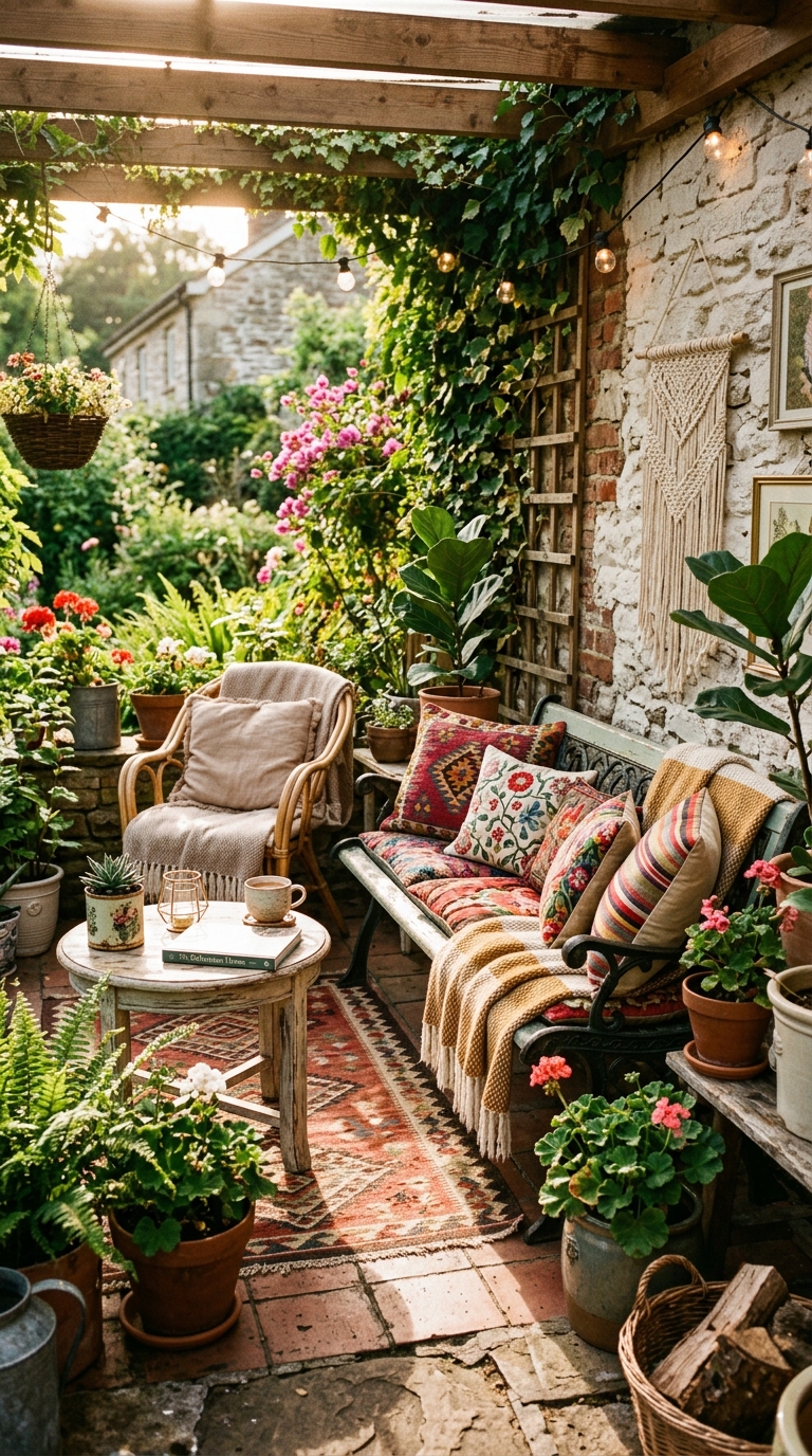 Budget patio lounge with thrifted mismatched furniture