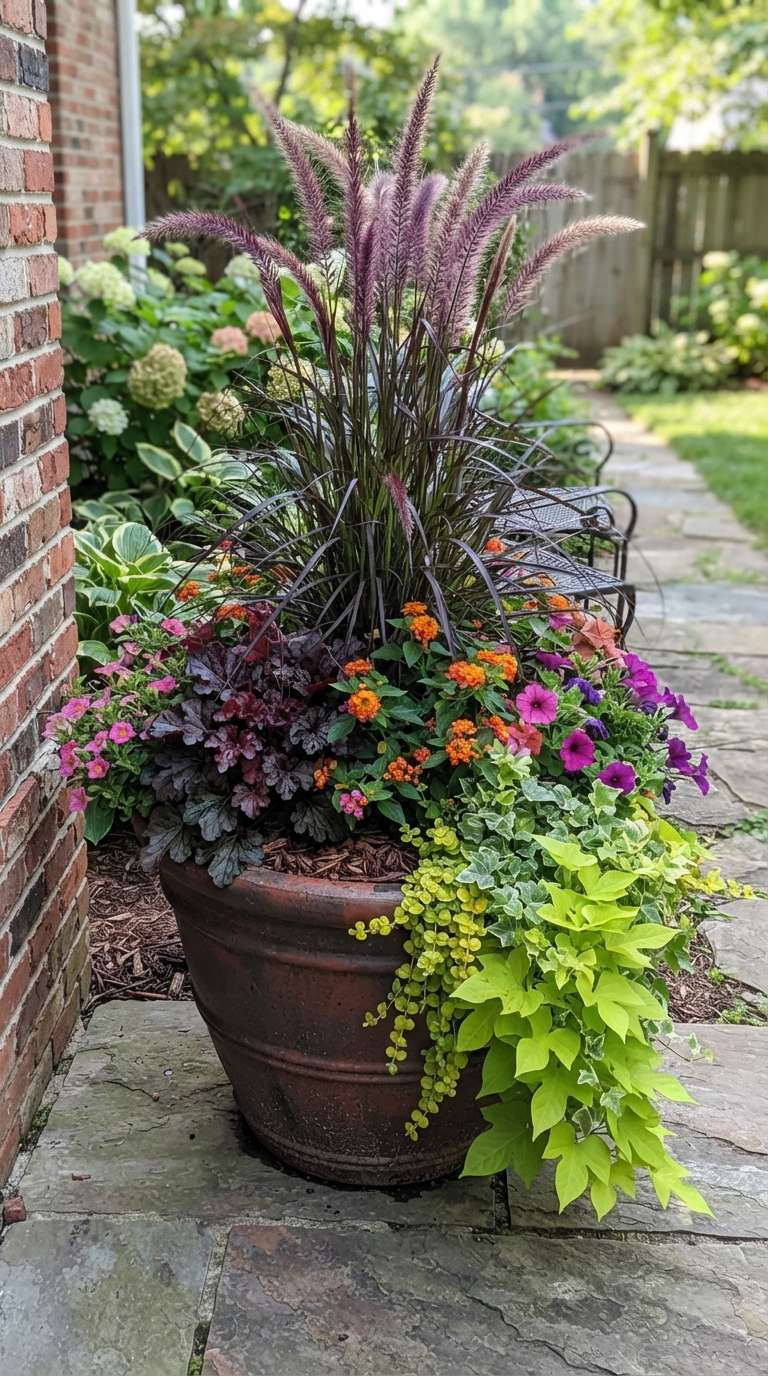 Layered thriller-filler-spiller planter combination on a spring porch