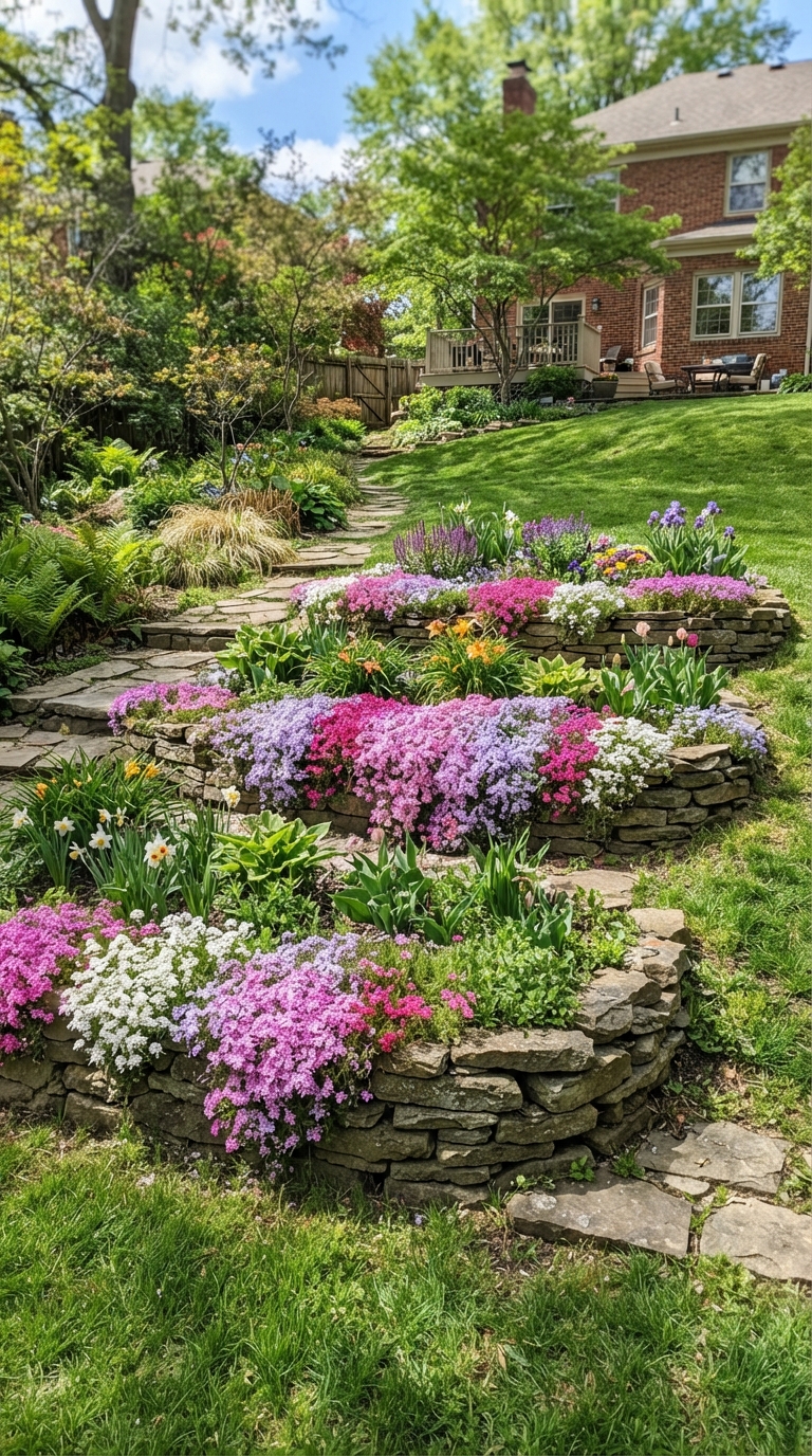 Small tiered flower bed built into a sloped yard with creeping phlox