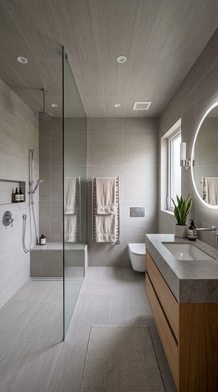 Tile-drenched monochrome gray bathroom with matching floor and walls