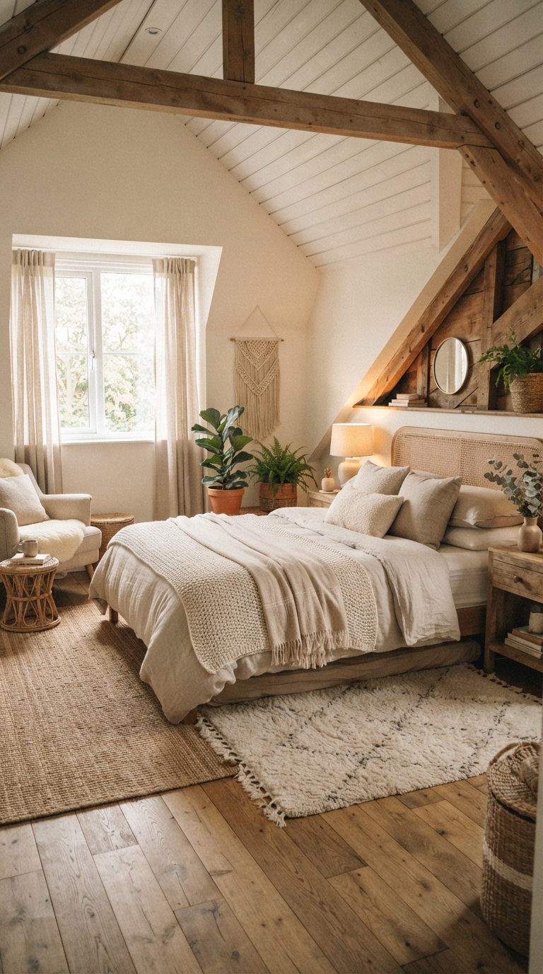 Slanted ceiling bedroom decorated in soft tonal beige and cream with woven textures