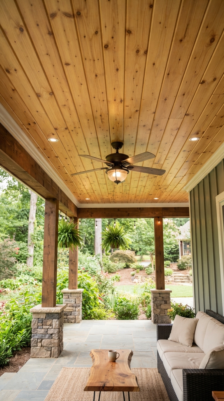 Tongue-and-groove pine wood ceiling on a covered porch