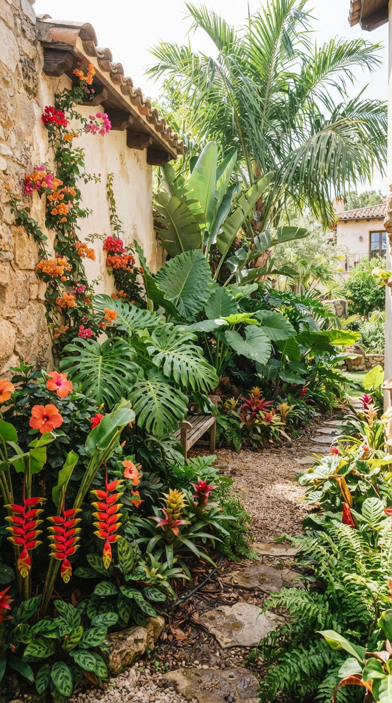 Tropical-style corner garden with large-leaf plants and blooms.