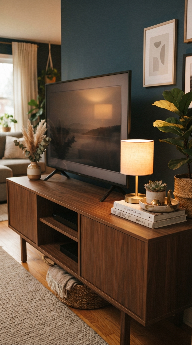 TV console decorated with warm ambient lamp lighting