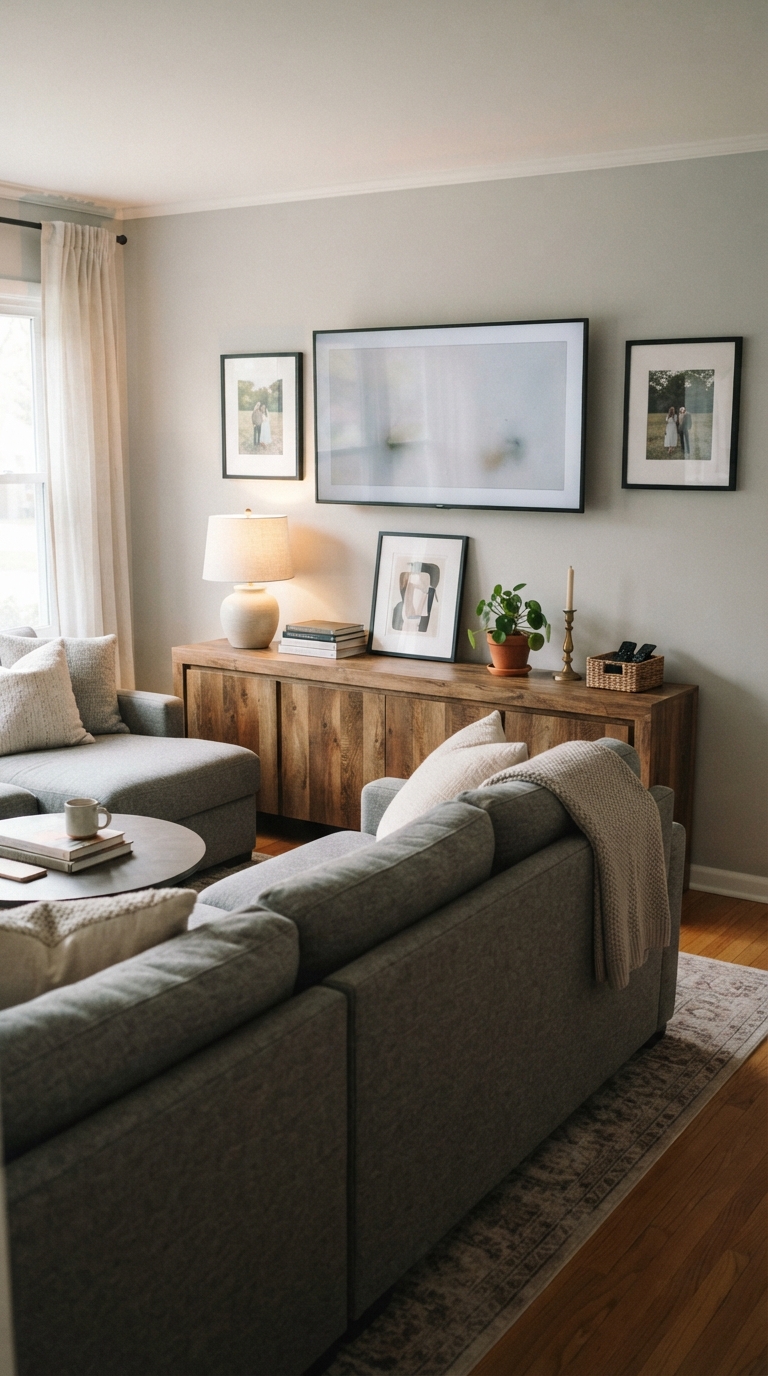TV console decor styled to balance a long sectional sofa