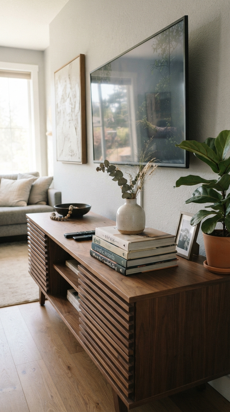 TV console decor with stacked books and ceramic accent