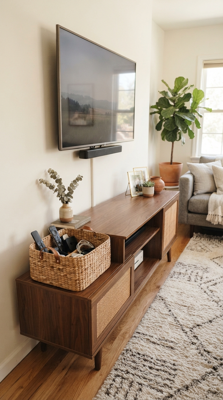 TV console decor with basket for hiding cords and remotes
