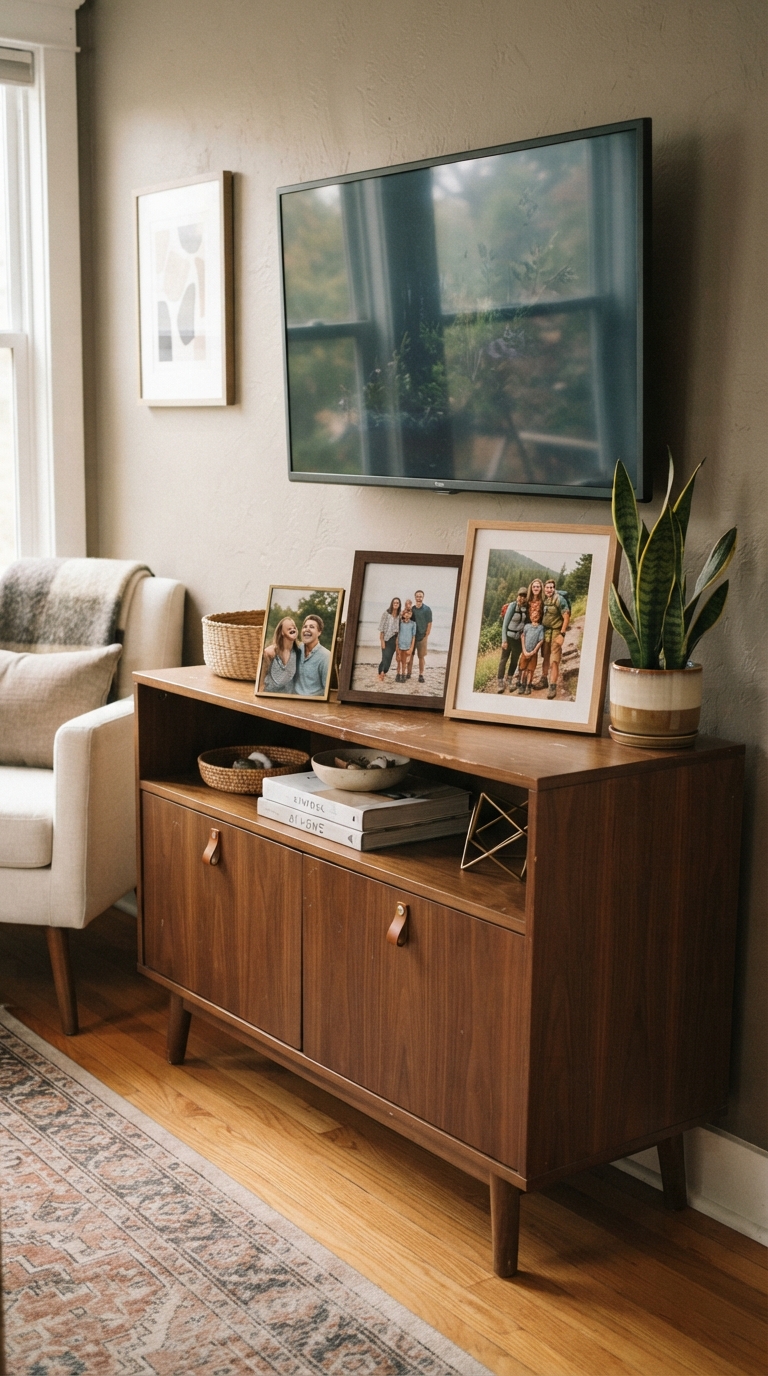 TV console decorated with graduated framed family photos