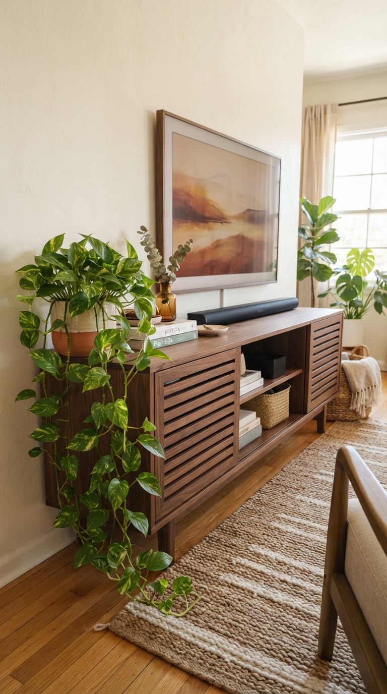 TV console decorated with trailing plant for softness