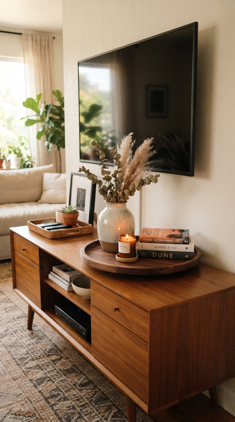 TV console decorated with a round tray holding a vase and candle
