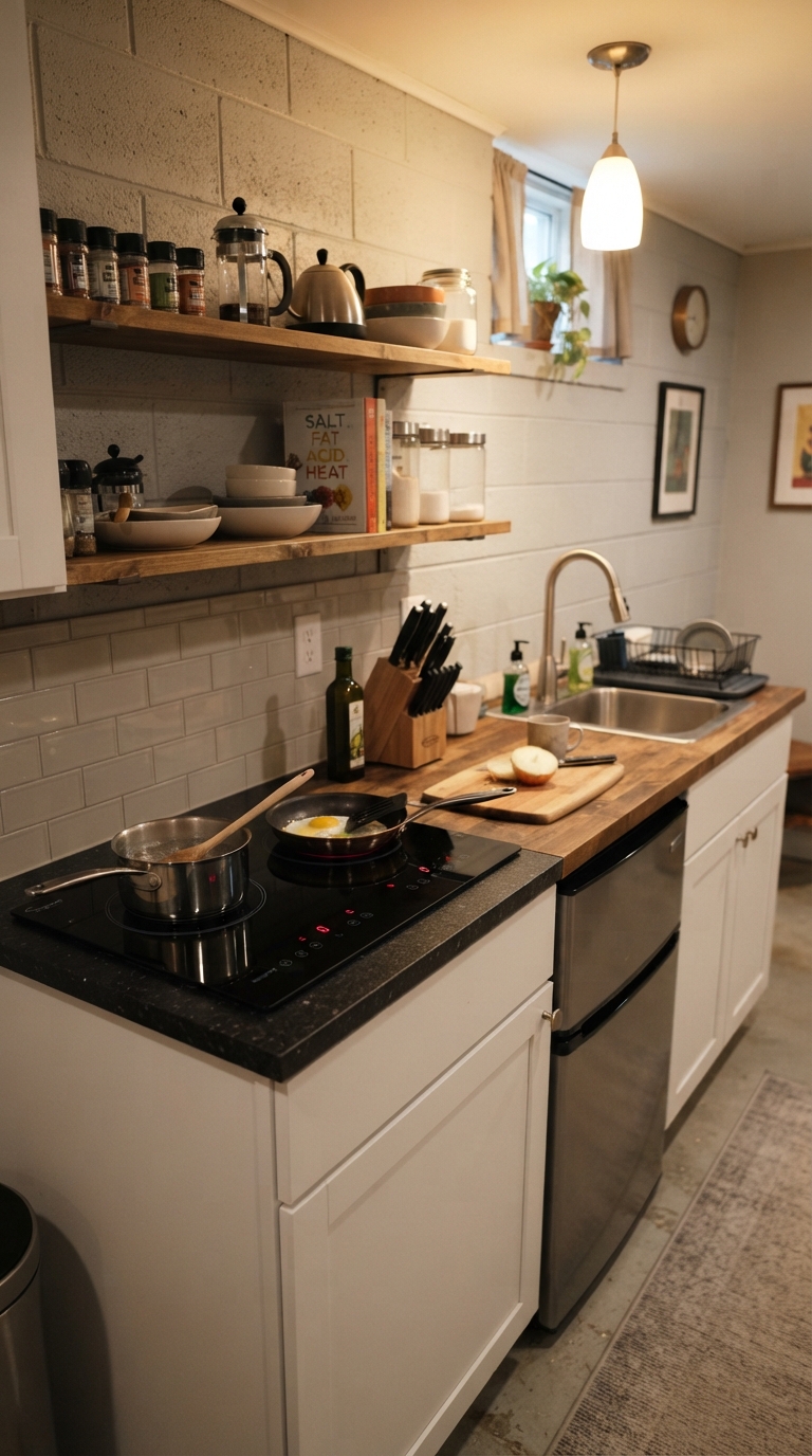 Compact induction cooktop basement kitchenette idea