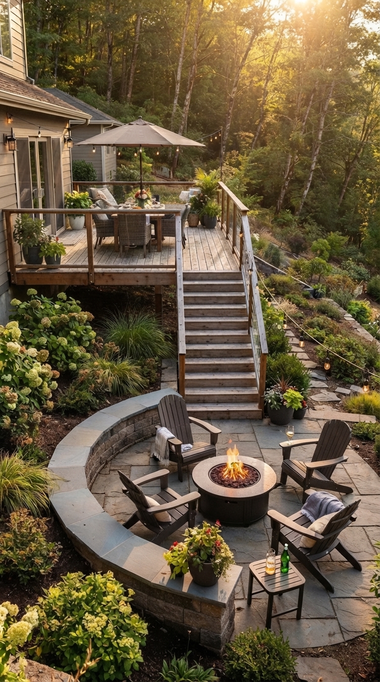 Two-level backyard deck and paver patio with fire pit