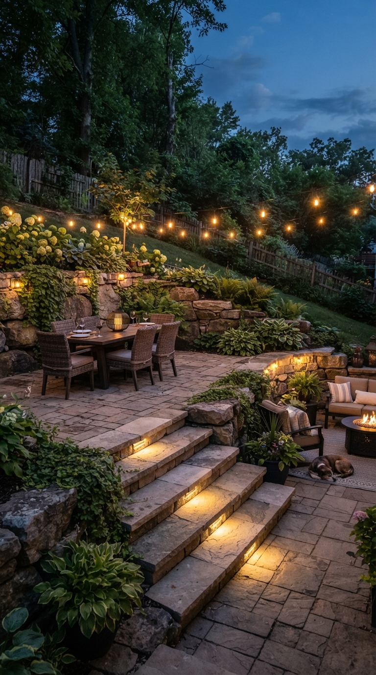 Two-level paver patio with retaining wall on a sloped backyard