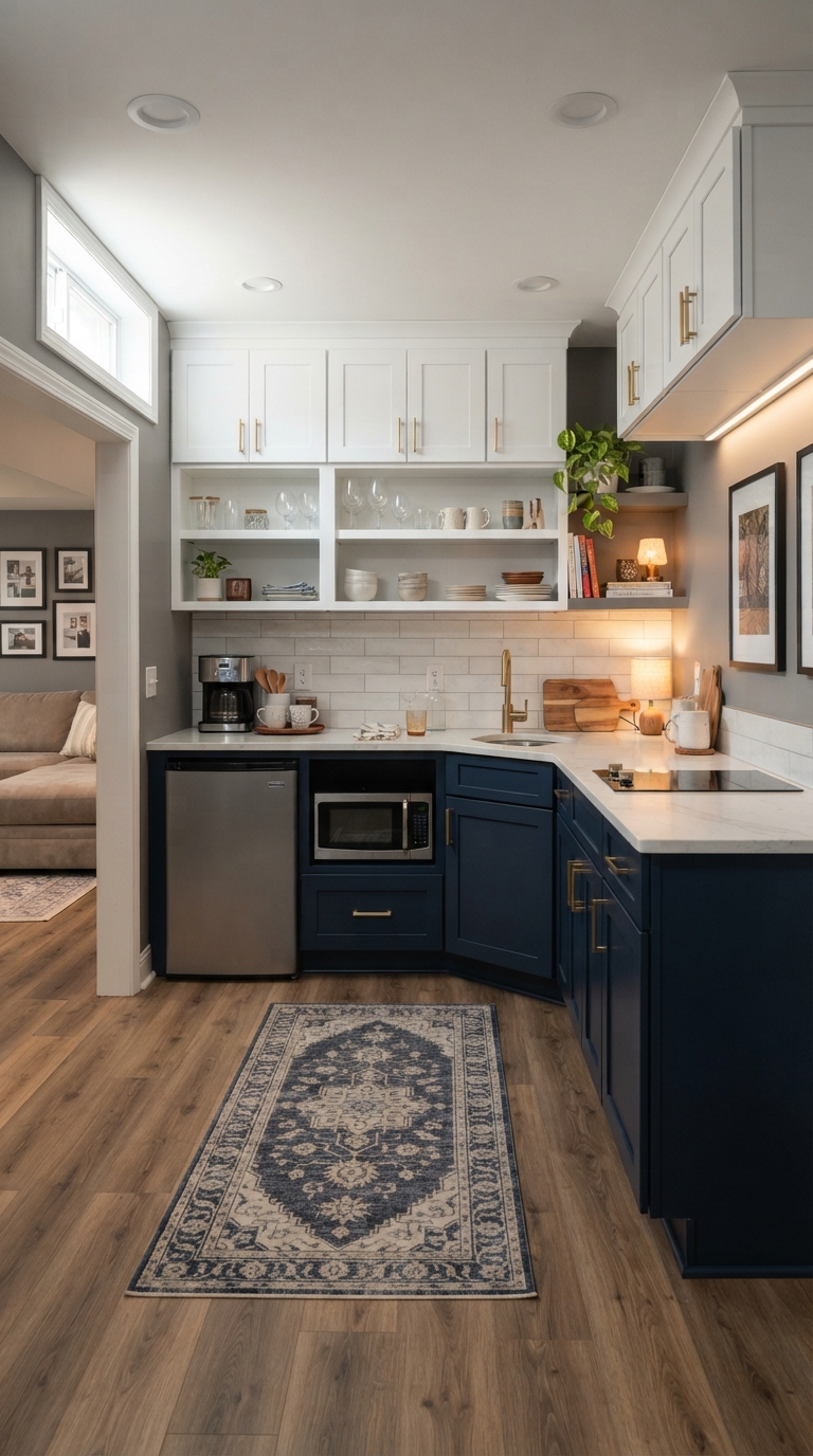 Two-tone cabinetry basement kitchenette design idea