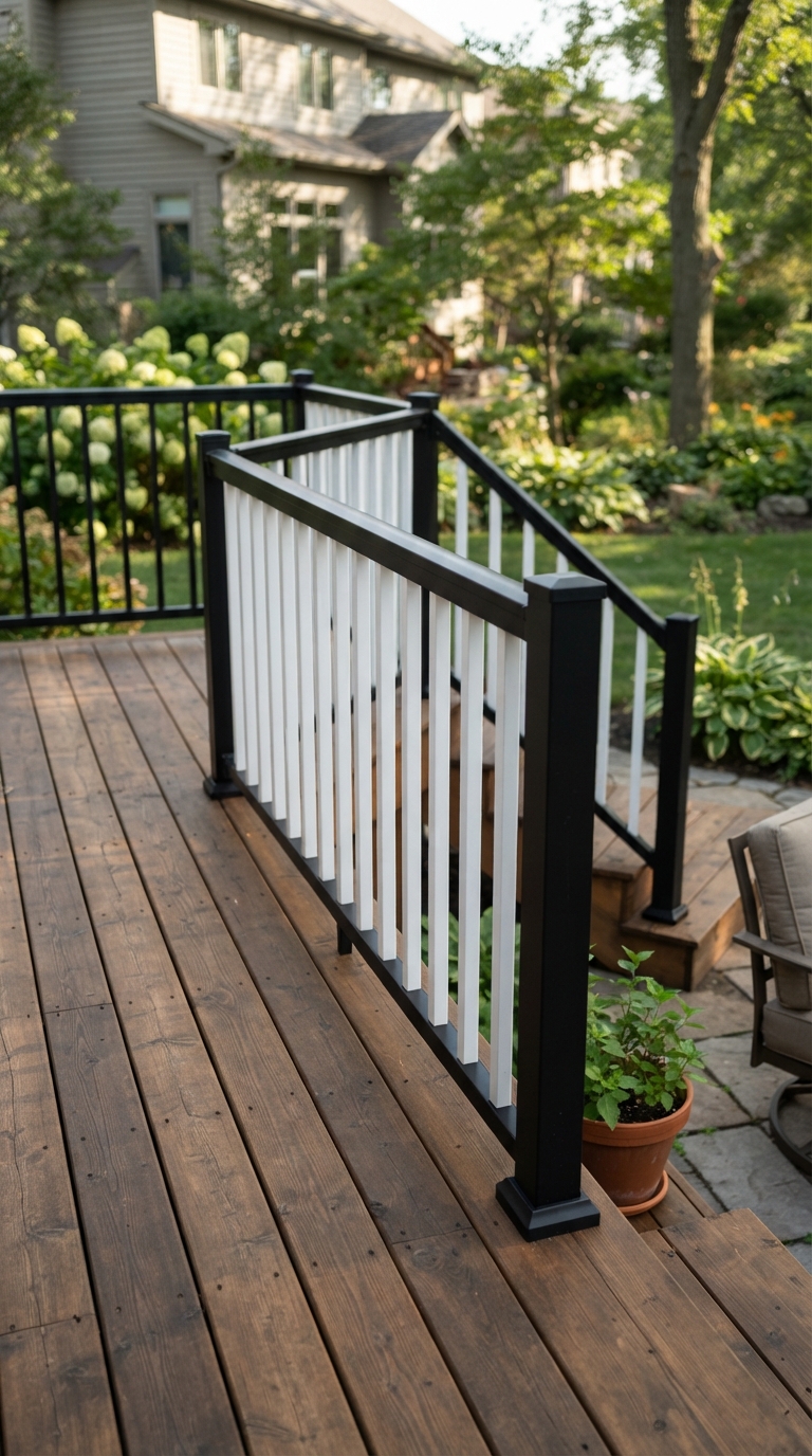 Two-tone black and white deck railing with bold modern contrast