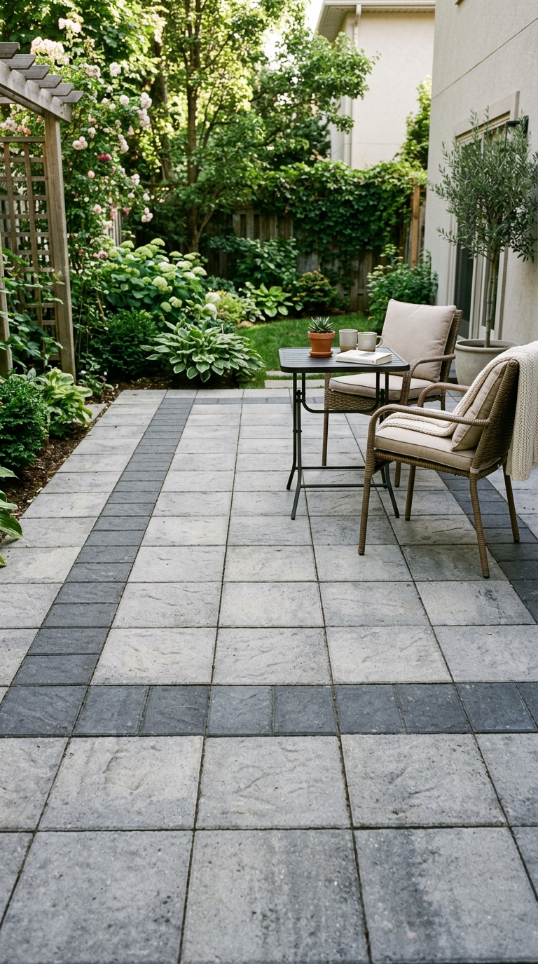 Two-tone paver patio with a darker border framing the design