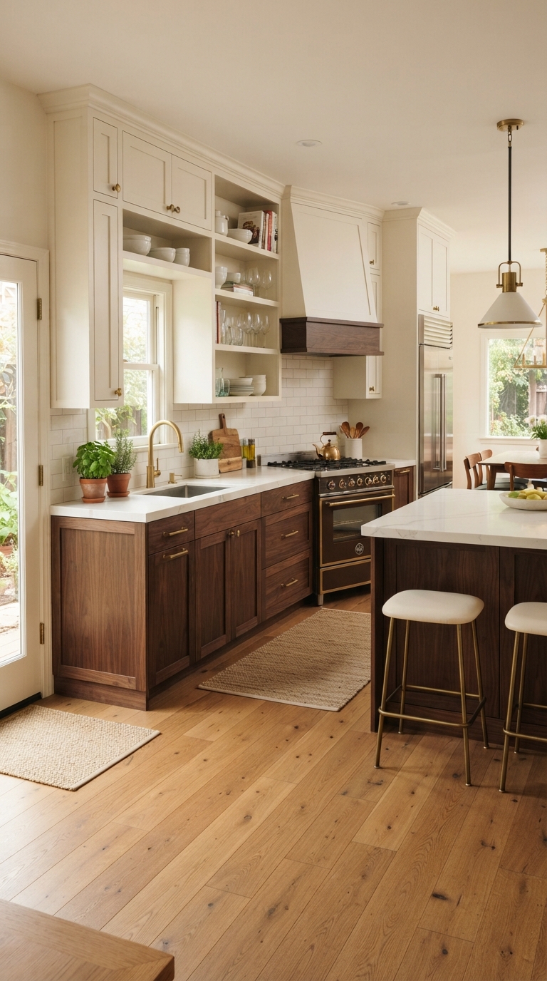 Two-tone kitchen cabinets with dark wood lowers and light upper cabinets