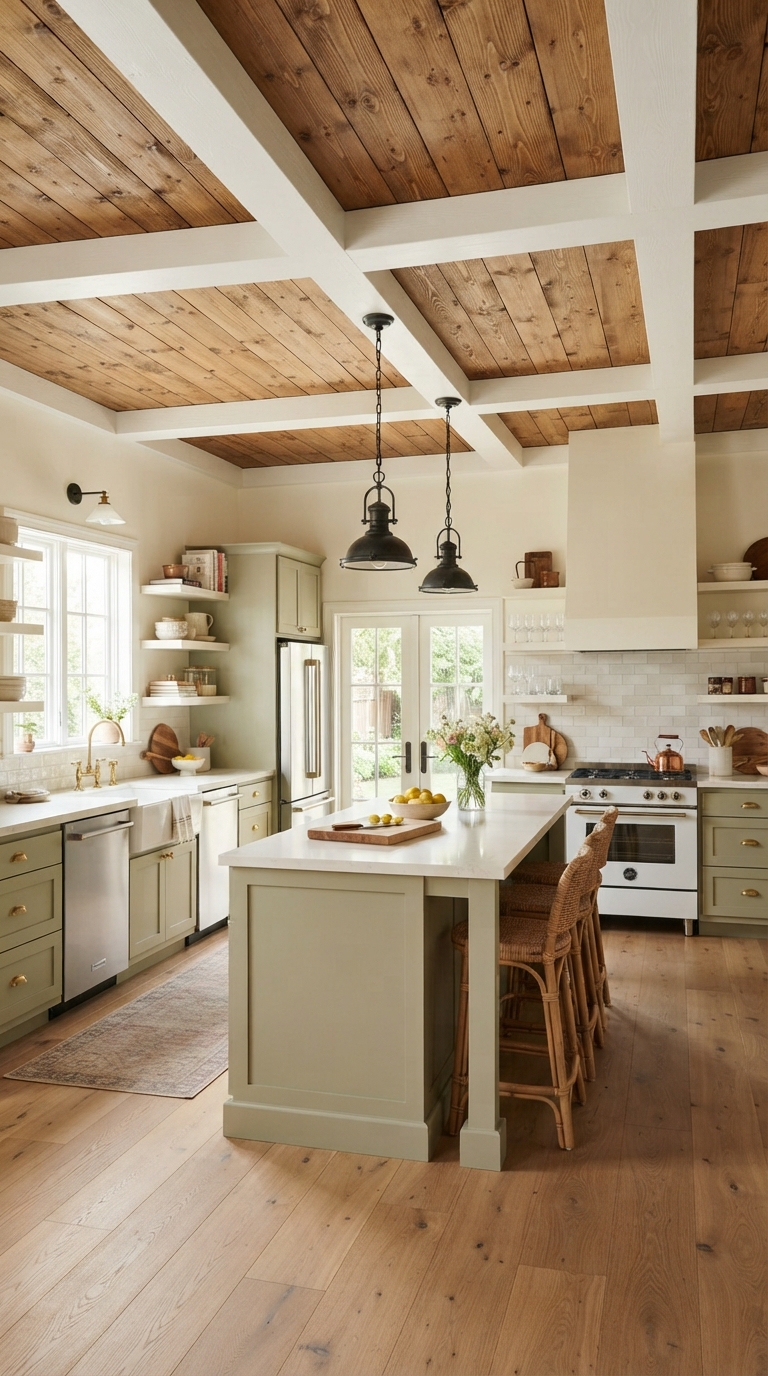 Two-tone painted wood ceiling combining natural wood and white trim