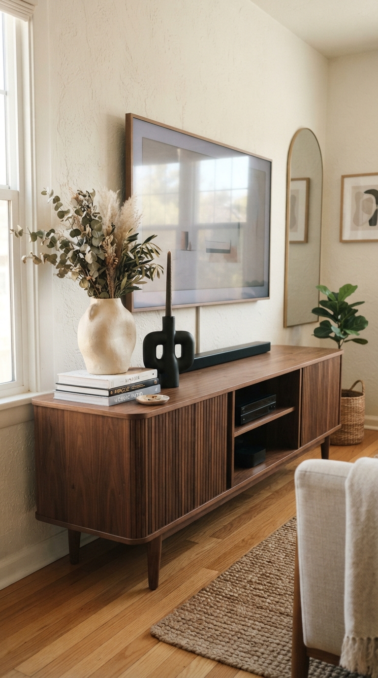 TV console decor with light and dark two-tone styling contrast