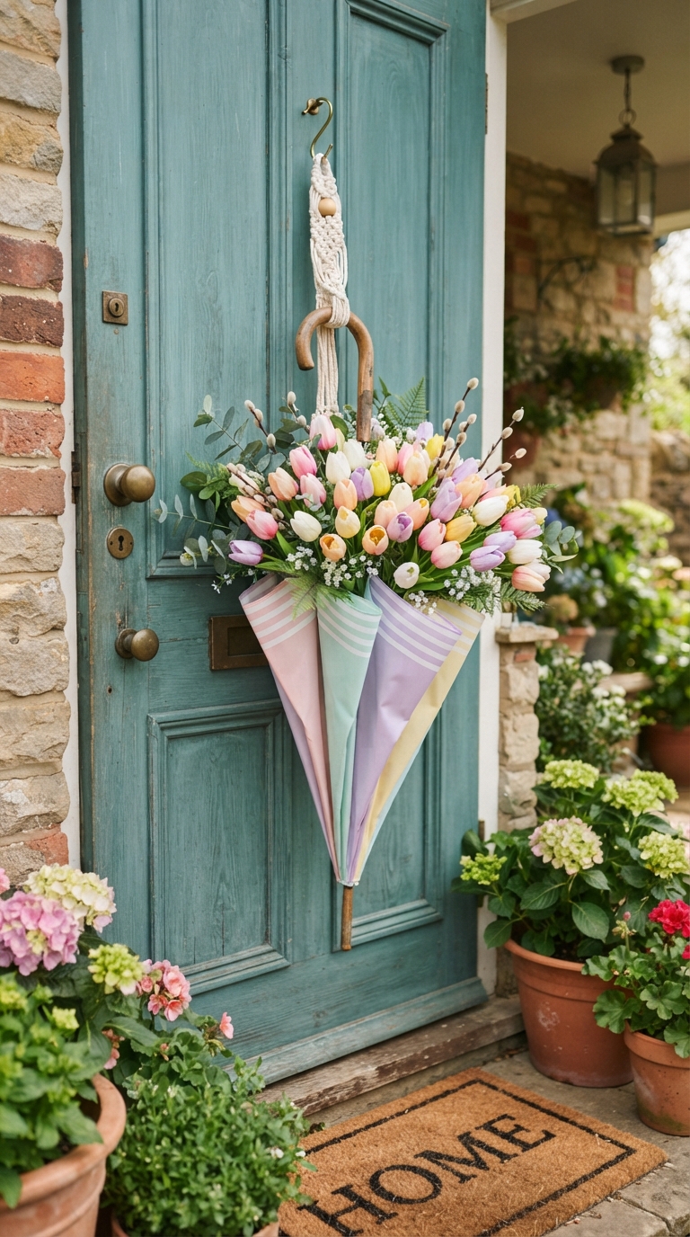 Pastel umbrella used as a faux tulip vase on a spring front door