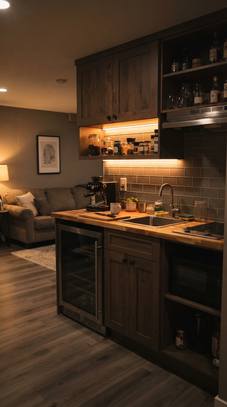 Under cabinet LED lighting basement kitchenette idea