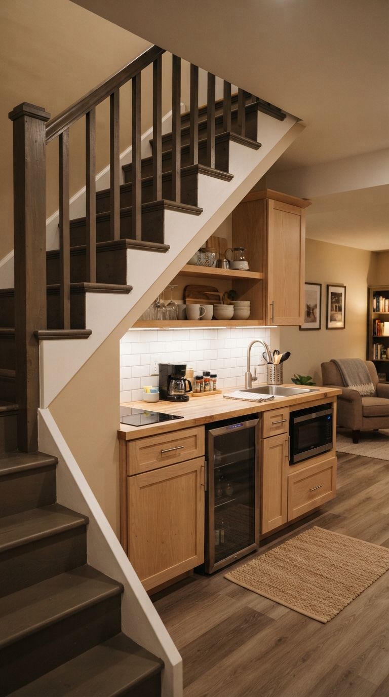 Under the stairs basement kitchenette design for small spaces