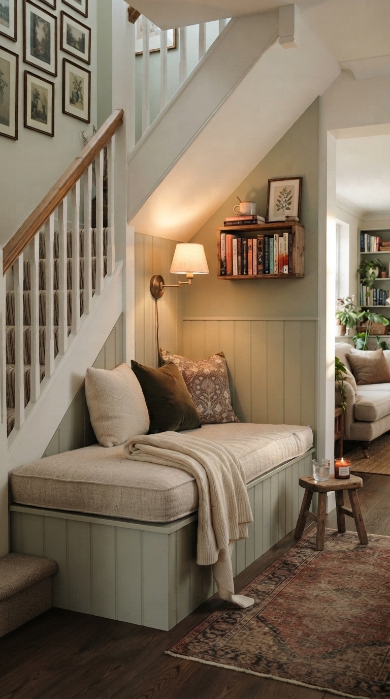 Under-stairs basement reading nook with cushioned bench