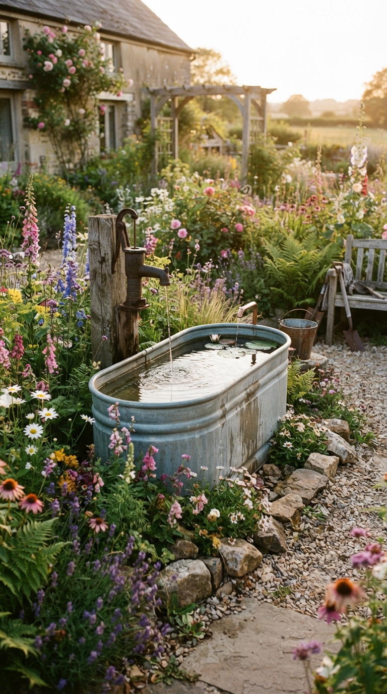 Upcycled galvanized trough fountain for a farmhouse garden
