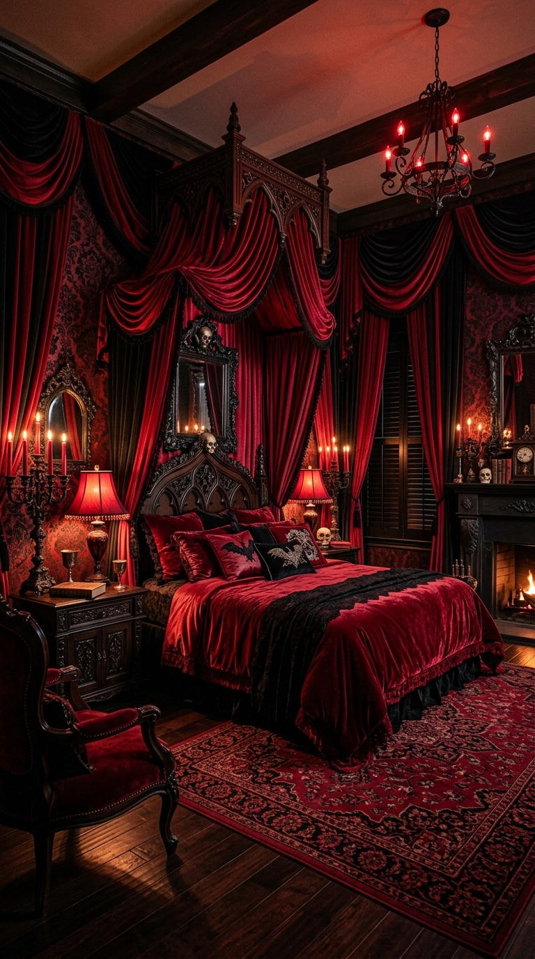 Vampiric red and black gothic bedroom glam