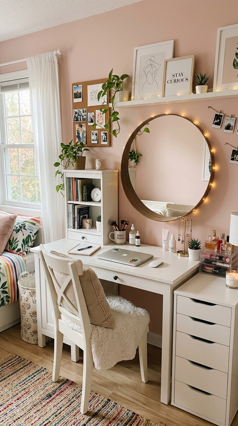 Combined vanity and desk corner setup in a small teen girl bedroom