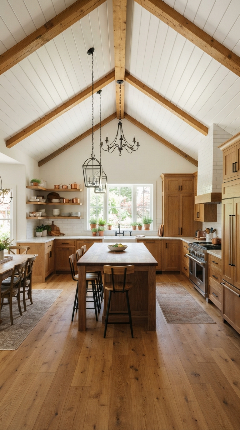 vaulted ceiling kitchen with shiplap paneled ceiling finish