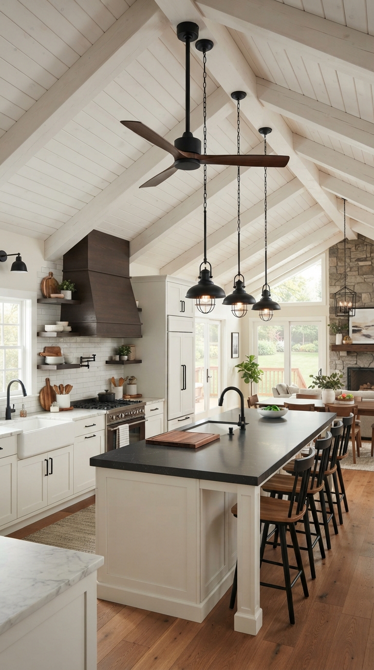 vaulted ceiling kitchen with a statement ceiling fan
