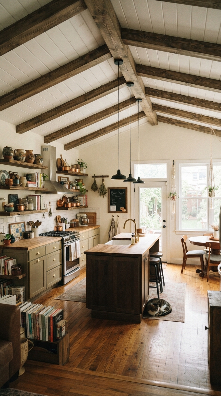 vaulted ceiling kitchen with DIY faux wood beams