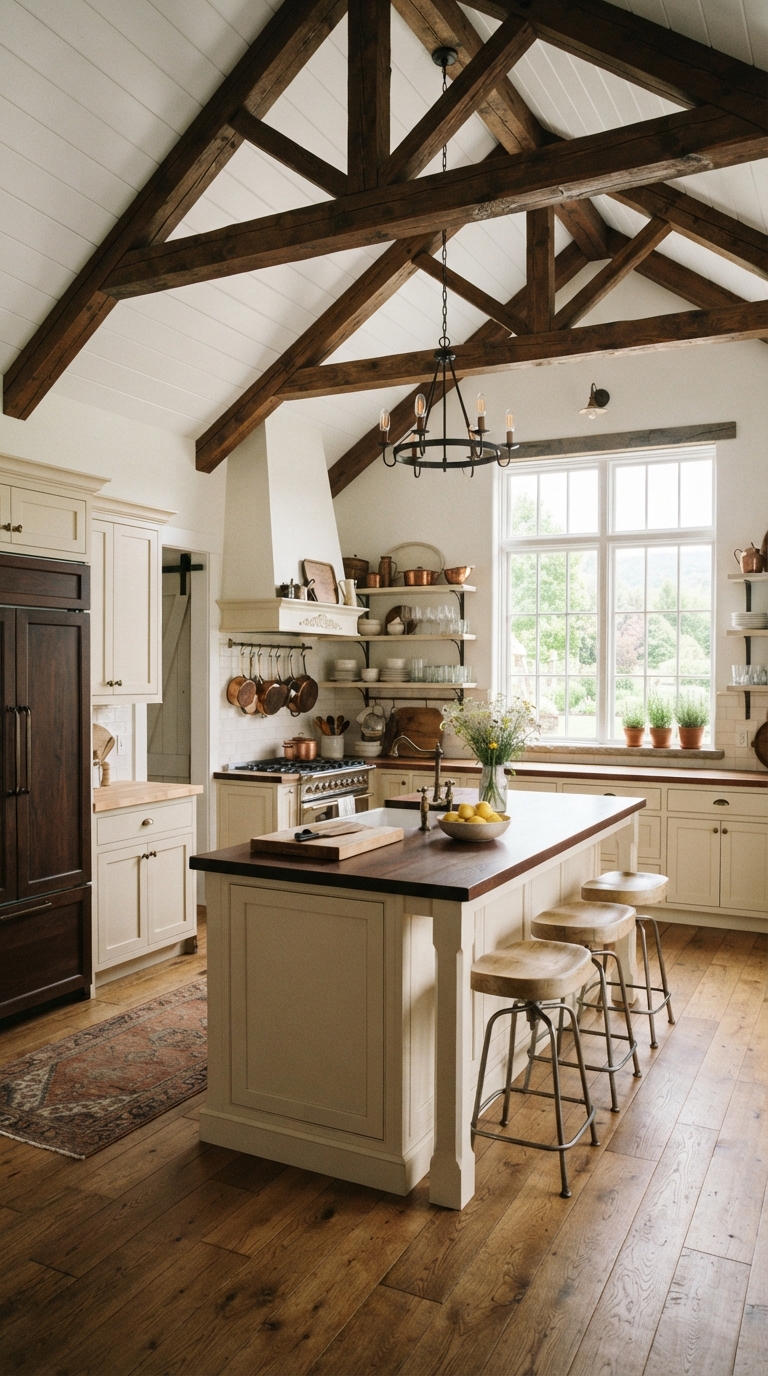 vaulted ceiling kitchen with dark exposed wood beams