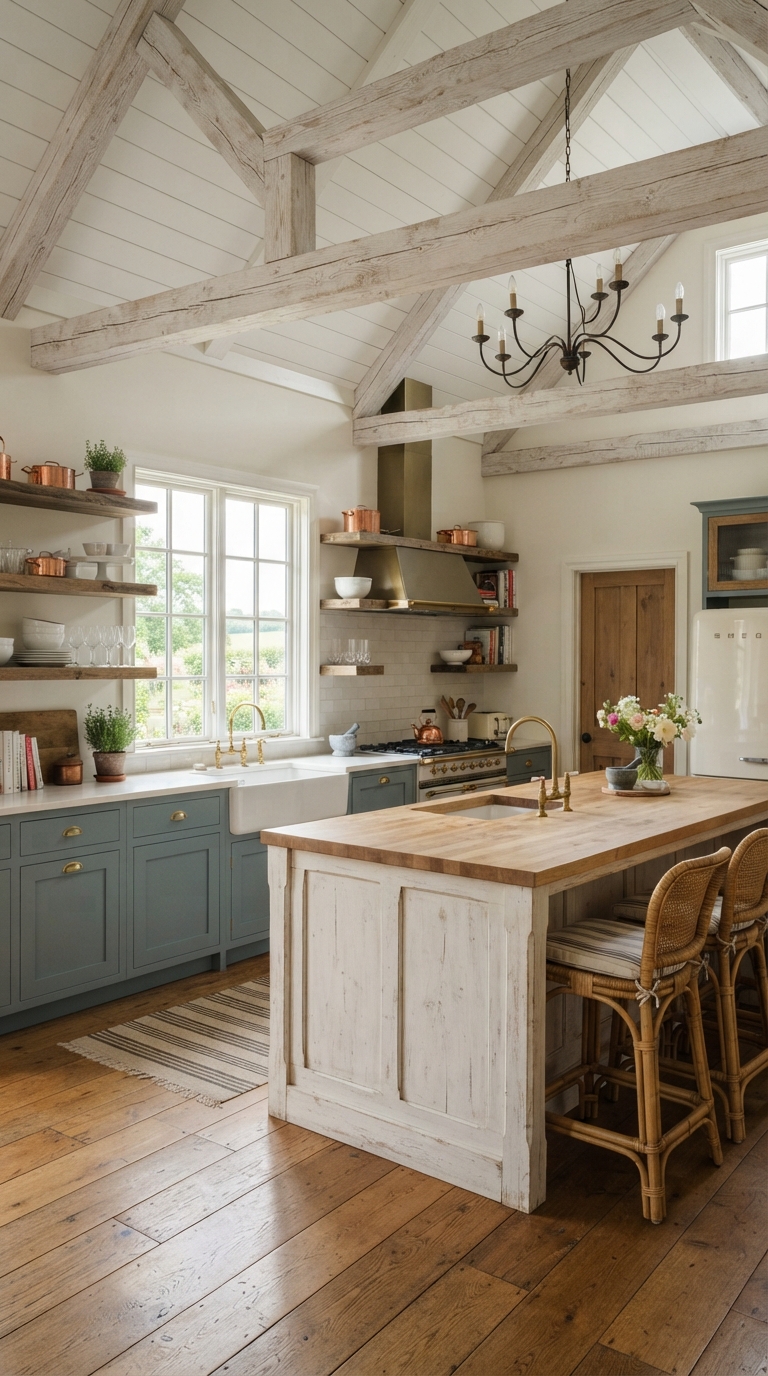 farmhouse vaulted ceiling kitchen with whitewashed beams